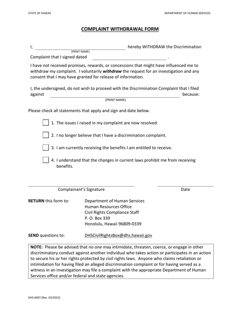 Form DHS6007 Complaint Withdrawal Form - Hawaii