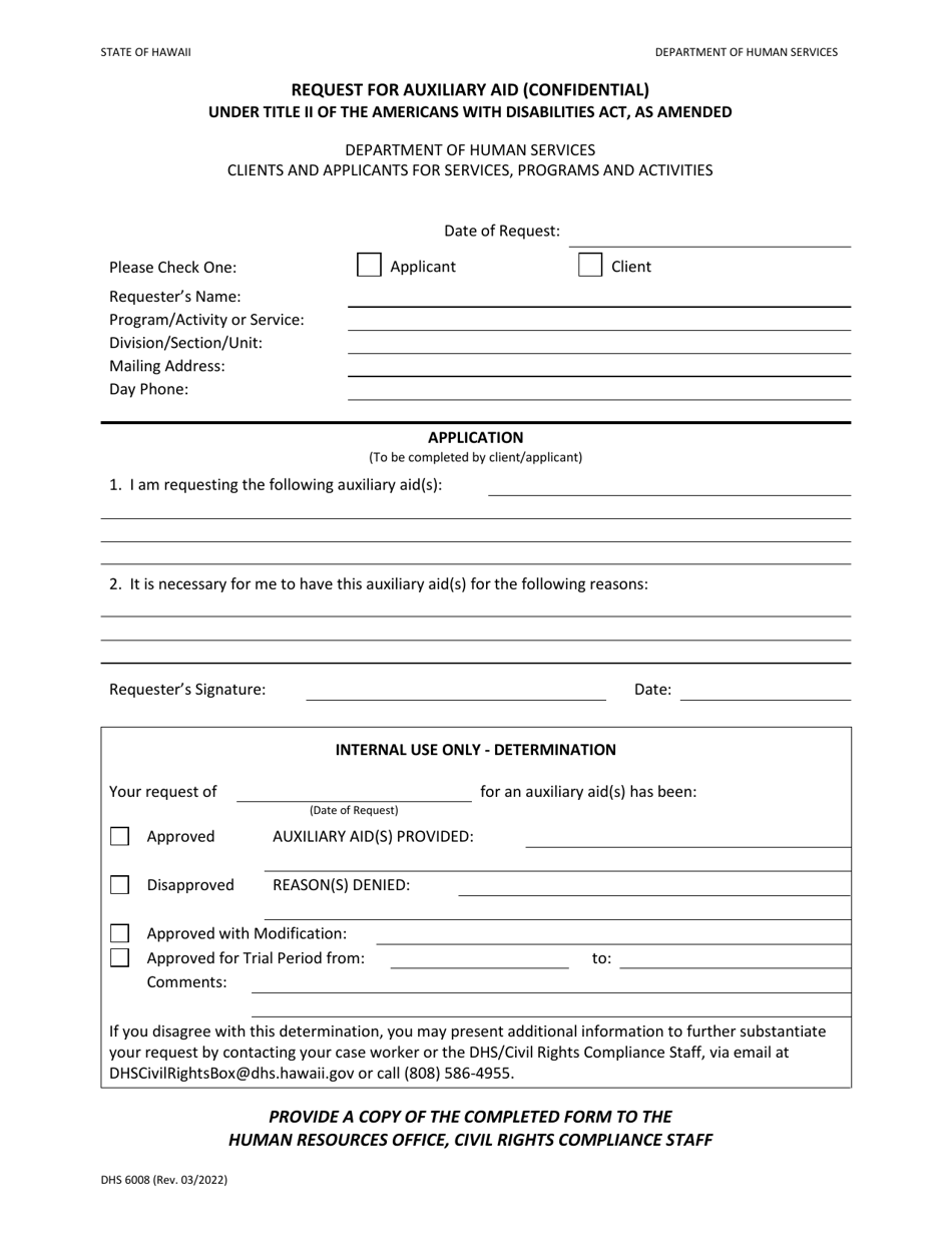 Form DHS6008 Request for Auxiliary Aid (Confidential) Under Title II of the Americans With Disabilities Act, as Amended - Hawaii, Page 1