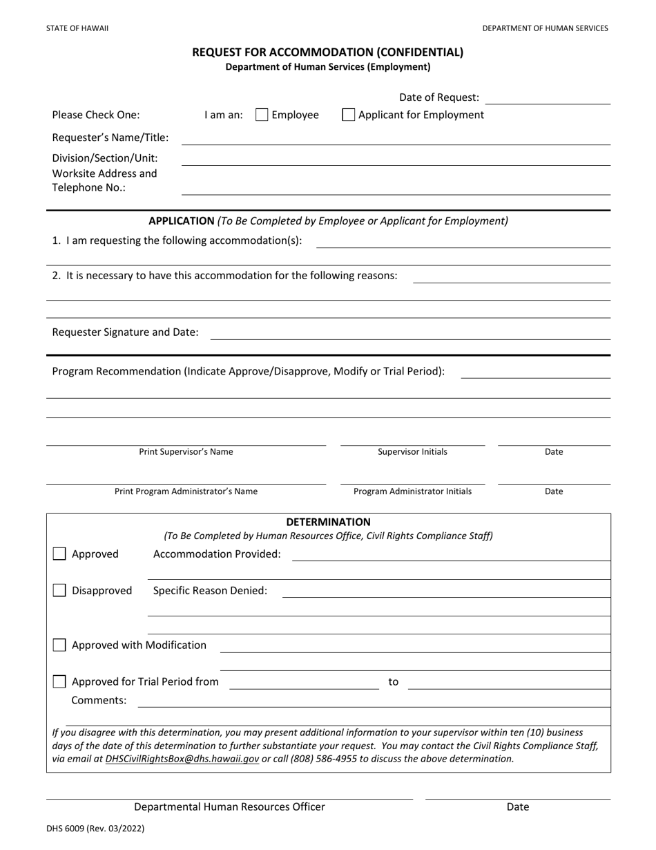Form DHS6009 Request for Accommodation (Confidential) - Hawaii, Page 1