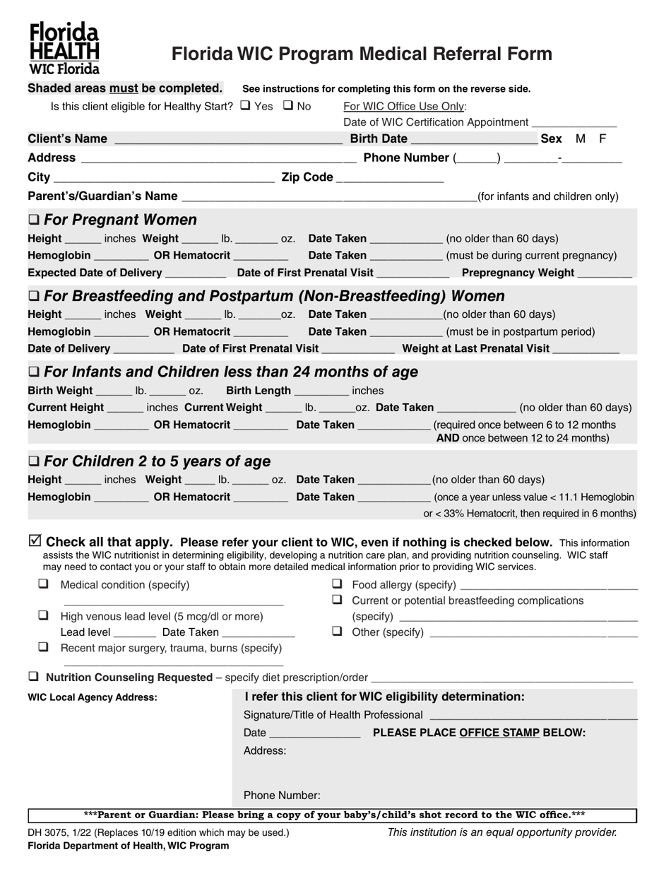Form DH3075 Medical Referral Form - Florida Wic Program - Florida, Page 1