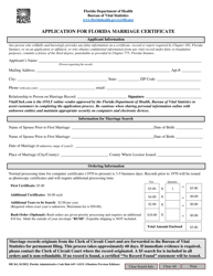 Document preview: Form DH261 Application for Florida Marriage Certificate - Florida