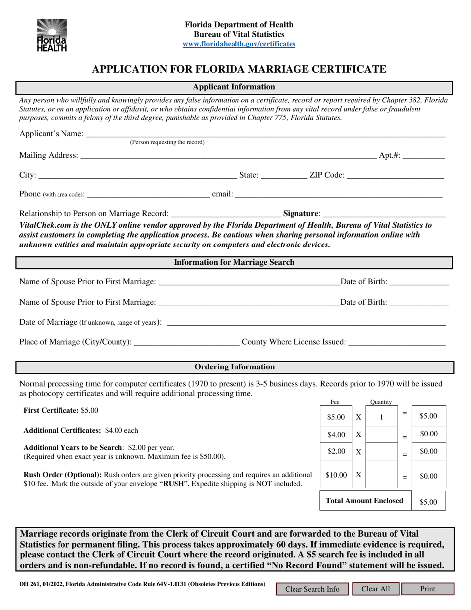 Form DH261 Application for Florida Marriage Certificate - Florida, Page 1