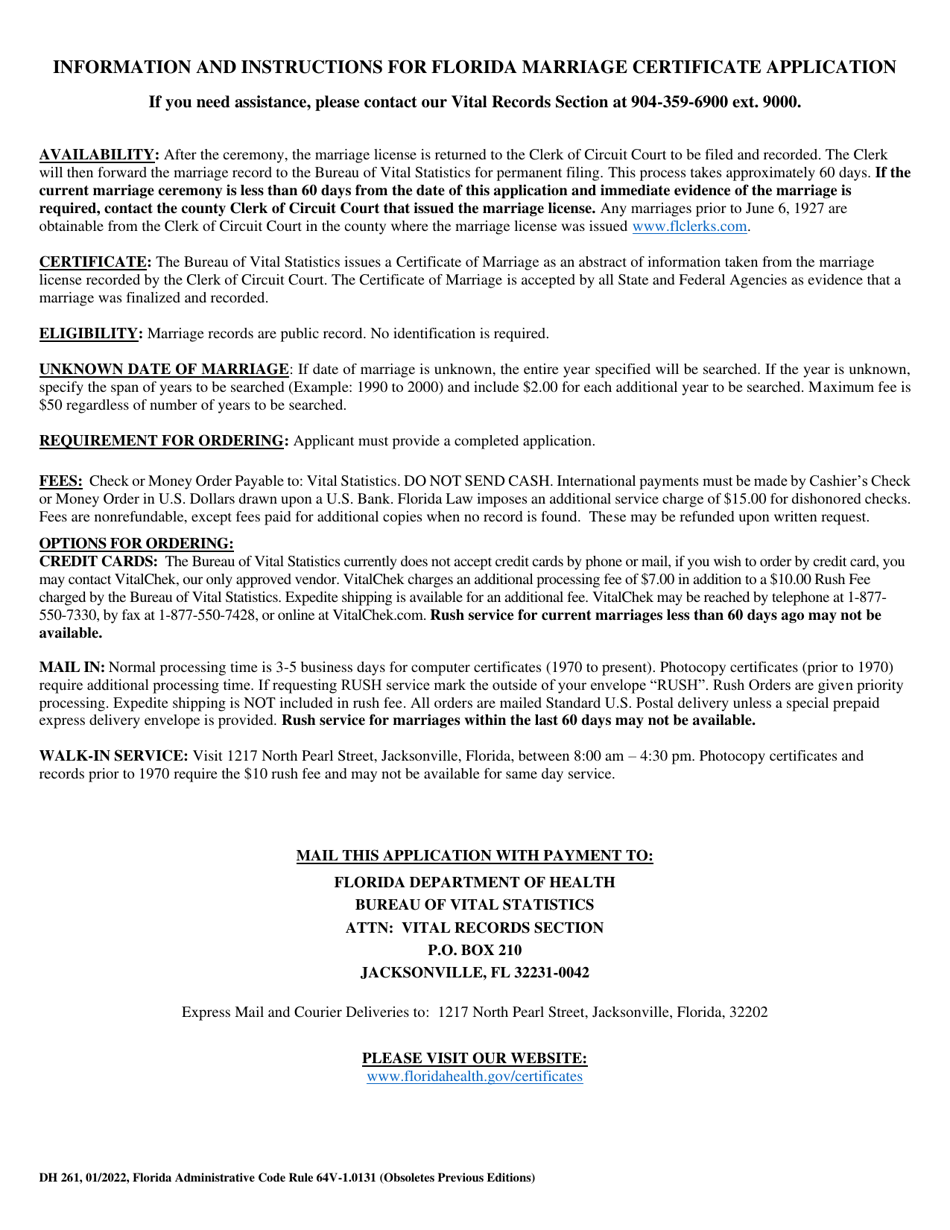 Form DH261 Application for Florida Marriage Certificate - Florida, Page 2