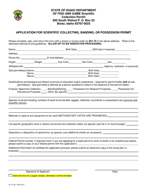 Form SP126 Application for Scientific Collecting, Banding, or Possession Permit - Idaho