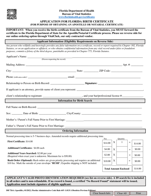 Form DH726A Application for Florida Birth Certificate (For Purpose of Obtaining an Apostille or Notarial Certificate) - Florida
