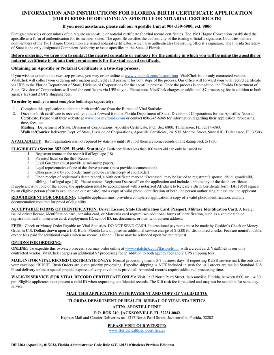 Form DH726A Application for Florida Birth Certificate (For Purpose of Obtaining an Apostille or Notarial Certificate) - Florida, Page 2