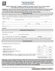 Document preview: Form DH261SS Application for a Florida Marriage Search - Single Status Statement (For Purpose of Obtaining an Apostille or Notarial Certificate) - Florida