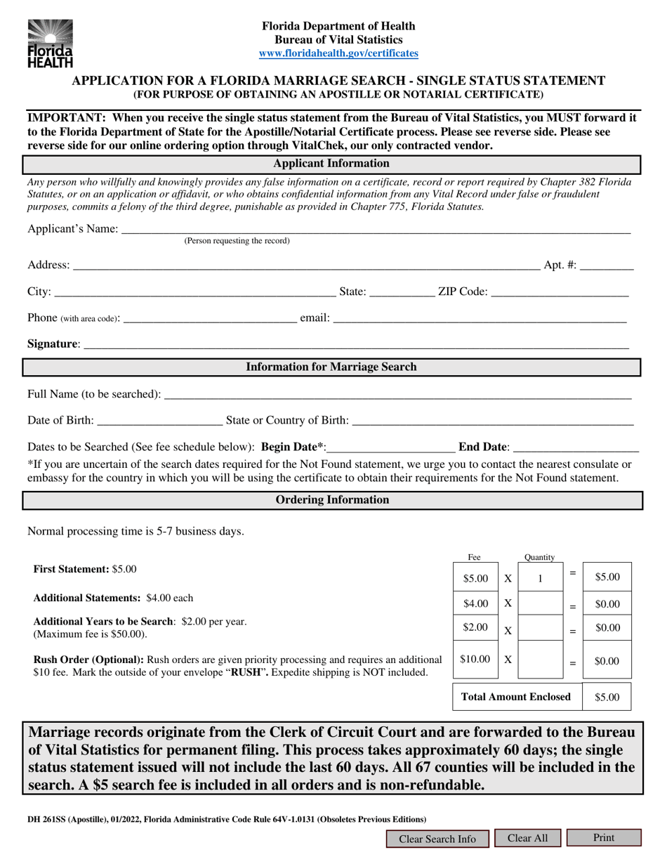 Form DH261SS Application for a Florida Marriage Search - Single Status Statement (For Purpose of Obtaining an Apostille or Notarial Certificate) - Florida, Page 1