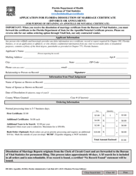 Document preview: Form DH260A Application for Florida Dissolution of Marriage Certificate (Divorce or Annulment) (For Purpose of Obtaining an Apostille or Notarial Certificate) - Florida