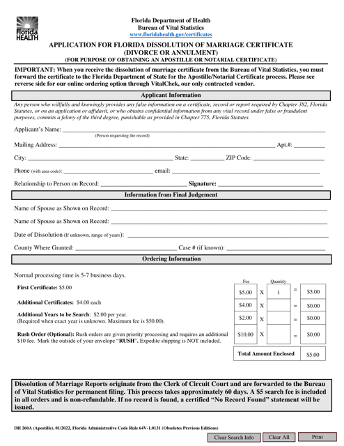 Form DH260A Application for Florida Dissolution of Marriage Certificate (Divorce or Annulment) (For Purpose of Obtaining an Apostille or Notarial Certificate) - Florida