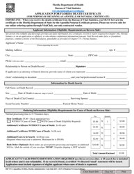 Document preview: Form DH727A Application for Florida Death Certificate (For Purpose of Obtaining an Apostille or Notarial Certificate) - Florida