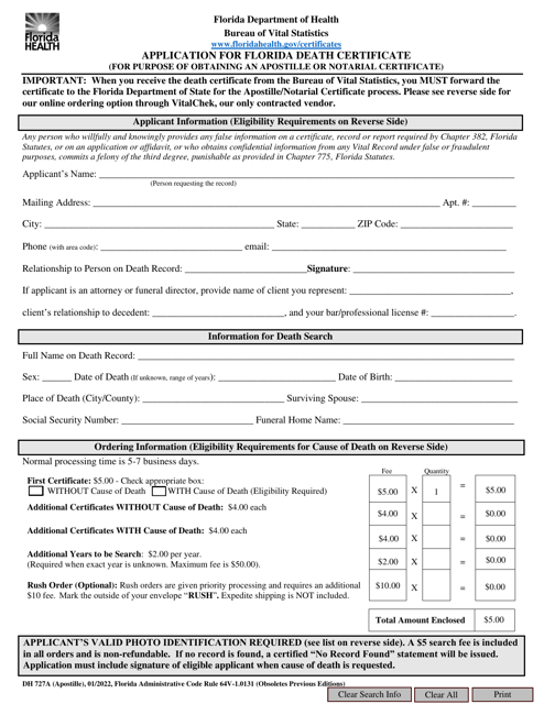 Form DH727A Application for Florida Death Certificate (For Purpose of Obtaining an Apostille or Notarial Certificate) - Florida