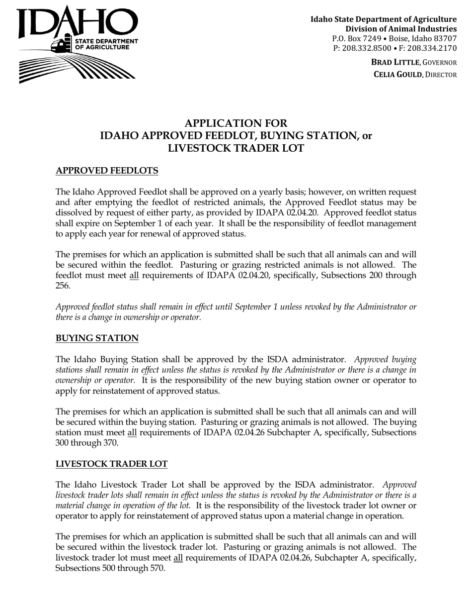 Idaho Application for Idaho Approved Feedlot, Buying Station, or