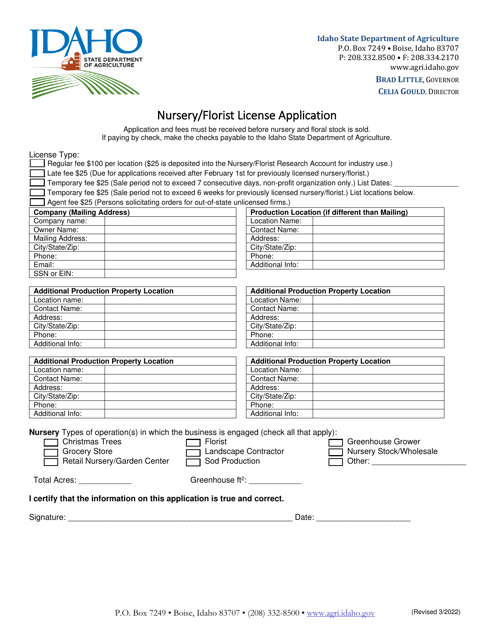 Nursery / Florist License Application - Idaho Download Pdf