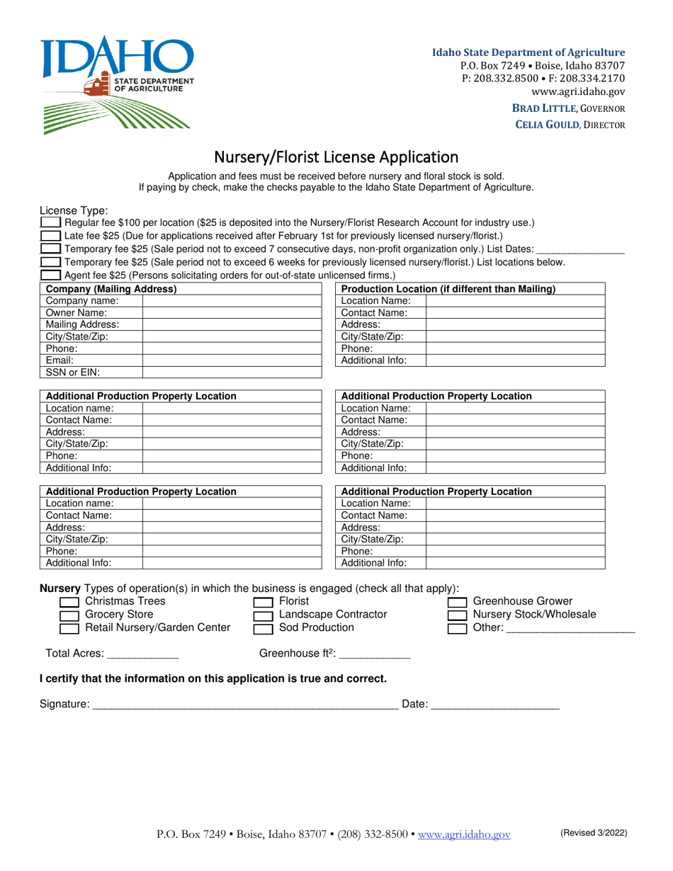 Idaho Nursery/Florist License Application Fill Out, Sign Online and Download PDF Templateroller