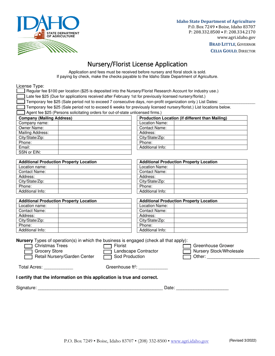 Nursery / Florist License Application - Idaho, Page 1