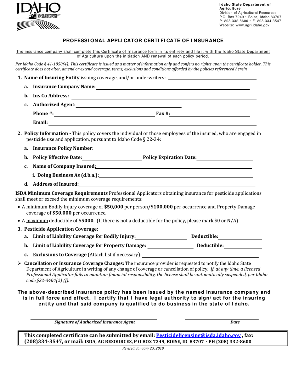 Idaho Professional Applicator Certificate of Insurance Fill Out, Sign