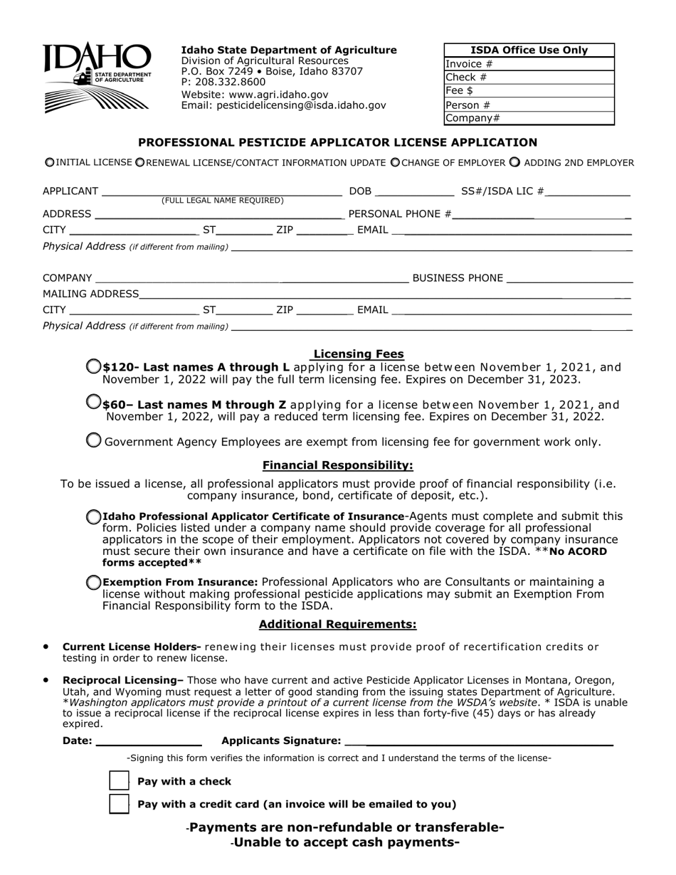 Idaho Professional Pesticide Applicator License Application Fill Out