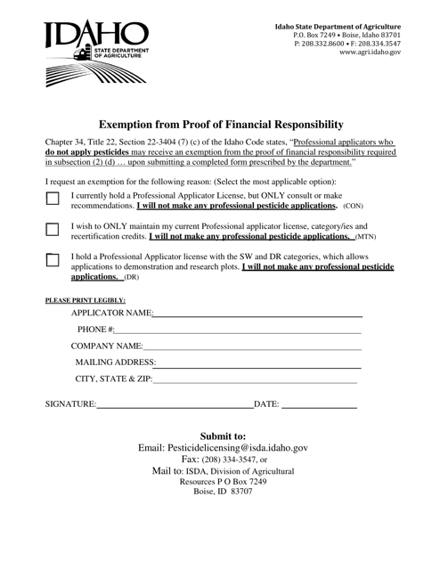 Exemption From Proof of Financial Responsibility - Idaho Download Pdf