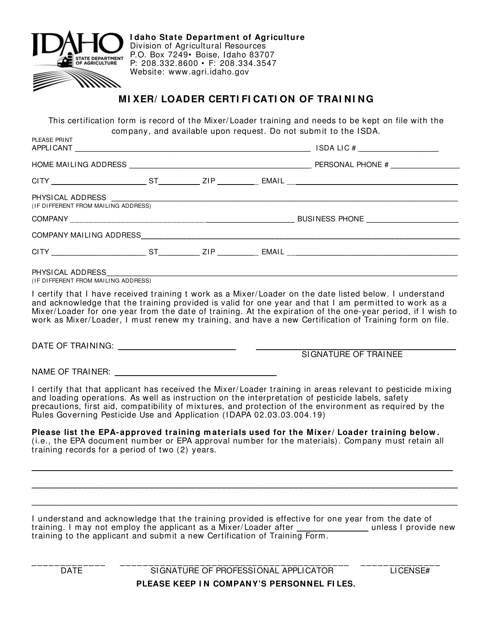Mixer / Loader Certification of Training - Idaho Download Pdf