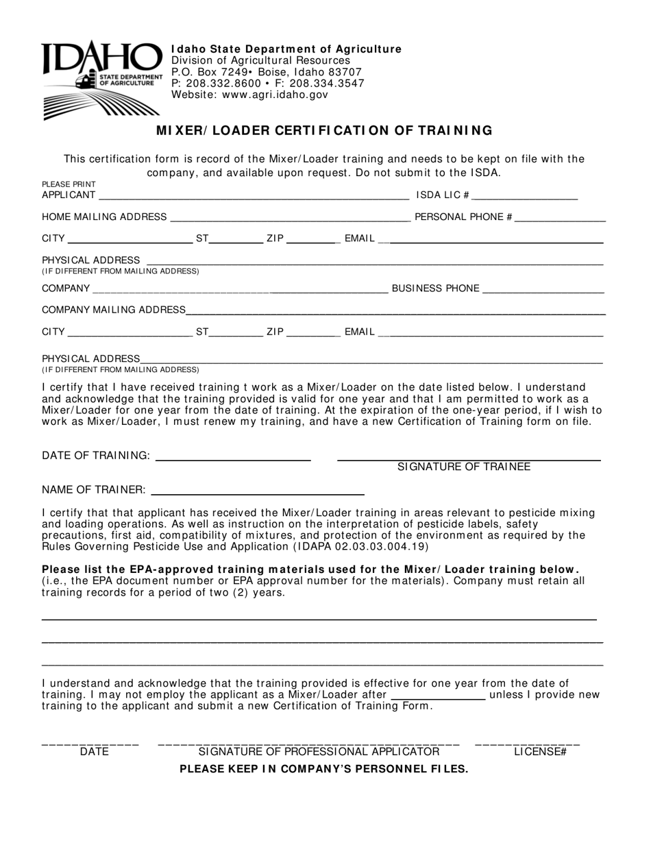 Mixer / Loader Certification of Training - Idaho, Page 1