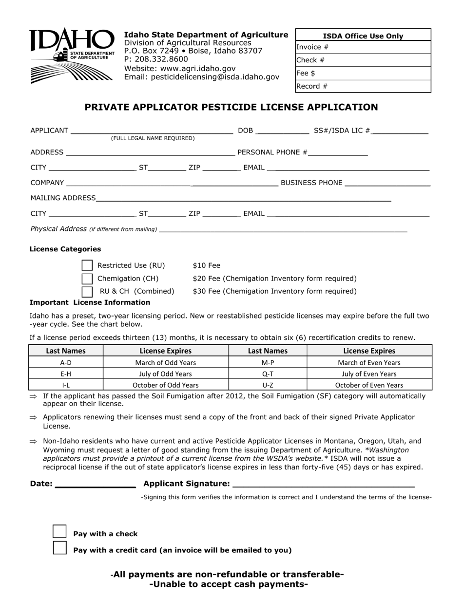 Private Applicator Pesticide License Application - Idaho, Page 1