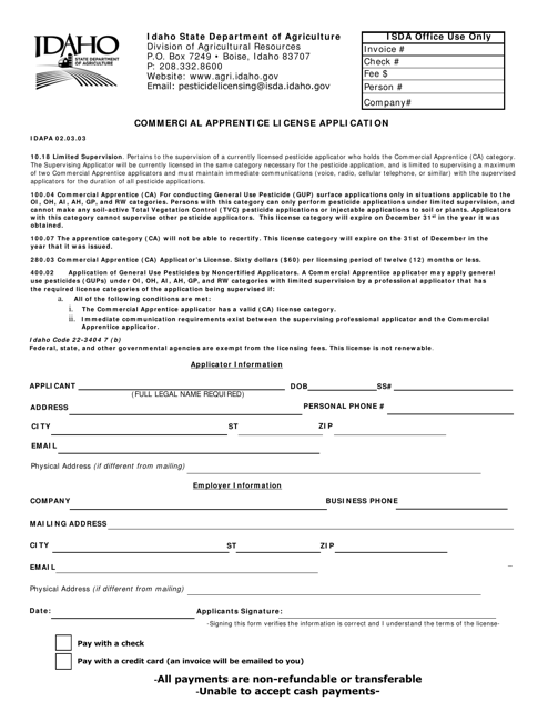 Commercial Apprentice License Application - Idaho