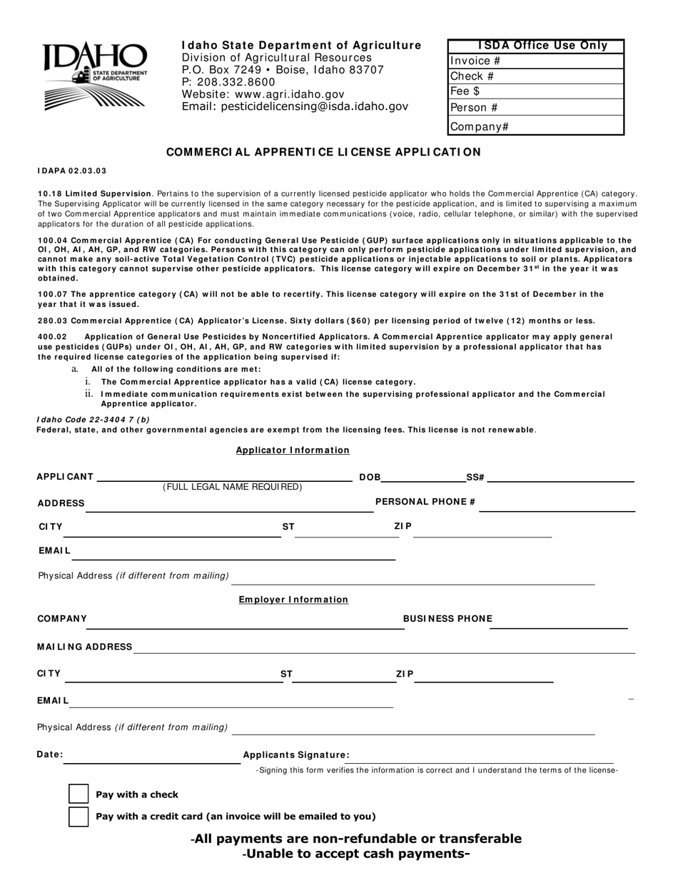 Commercial Apprentice License Application - Idaho, Page 1
