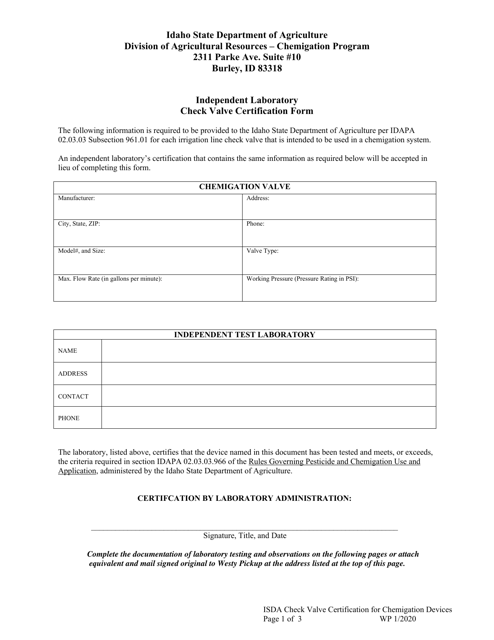 Independent Laboratory Check Valve Certification Form - Idaho Download Pdf