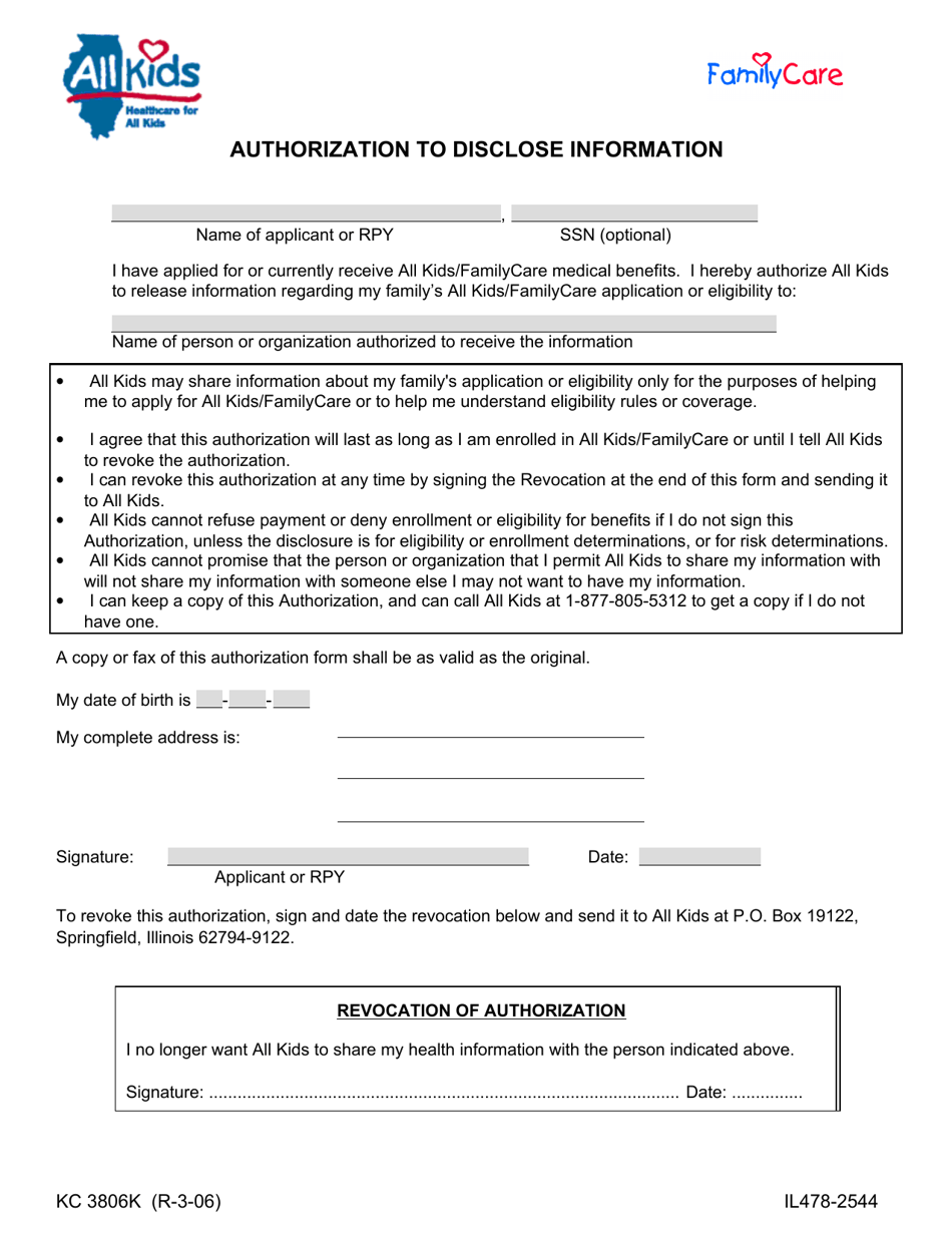 Form HFS3806K (IL478-2544) Authorization to Disclose All Kids / Familycare Information - Illinois, Page 1