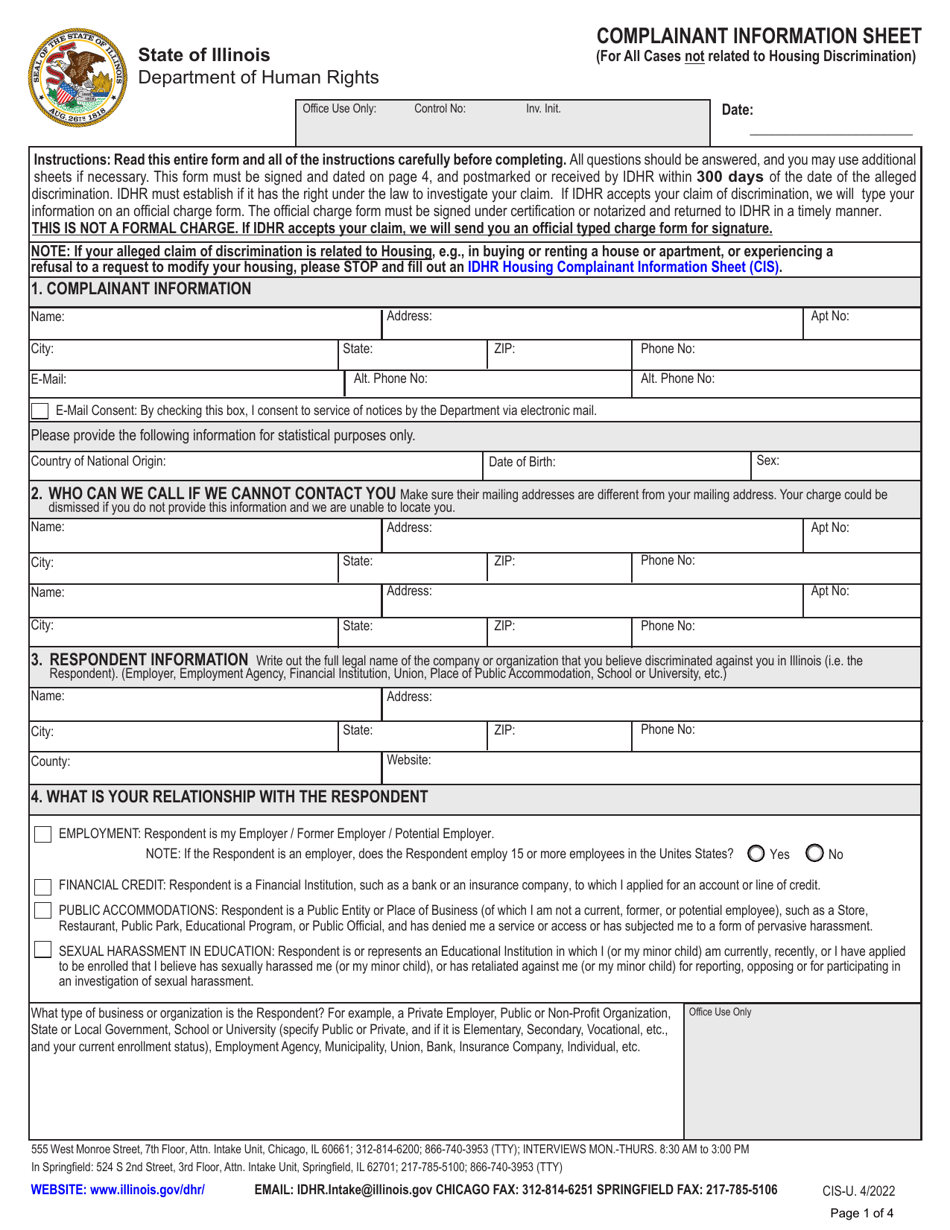 Form CIS-U Complainant Information Sheet (For All Cases Not Related to Housing Discrimination) - Illinois, Page 1