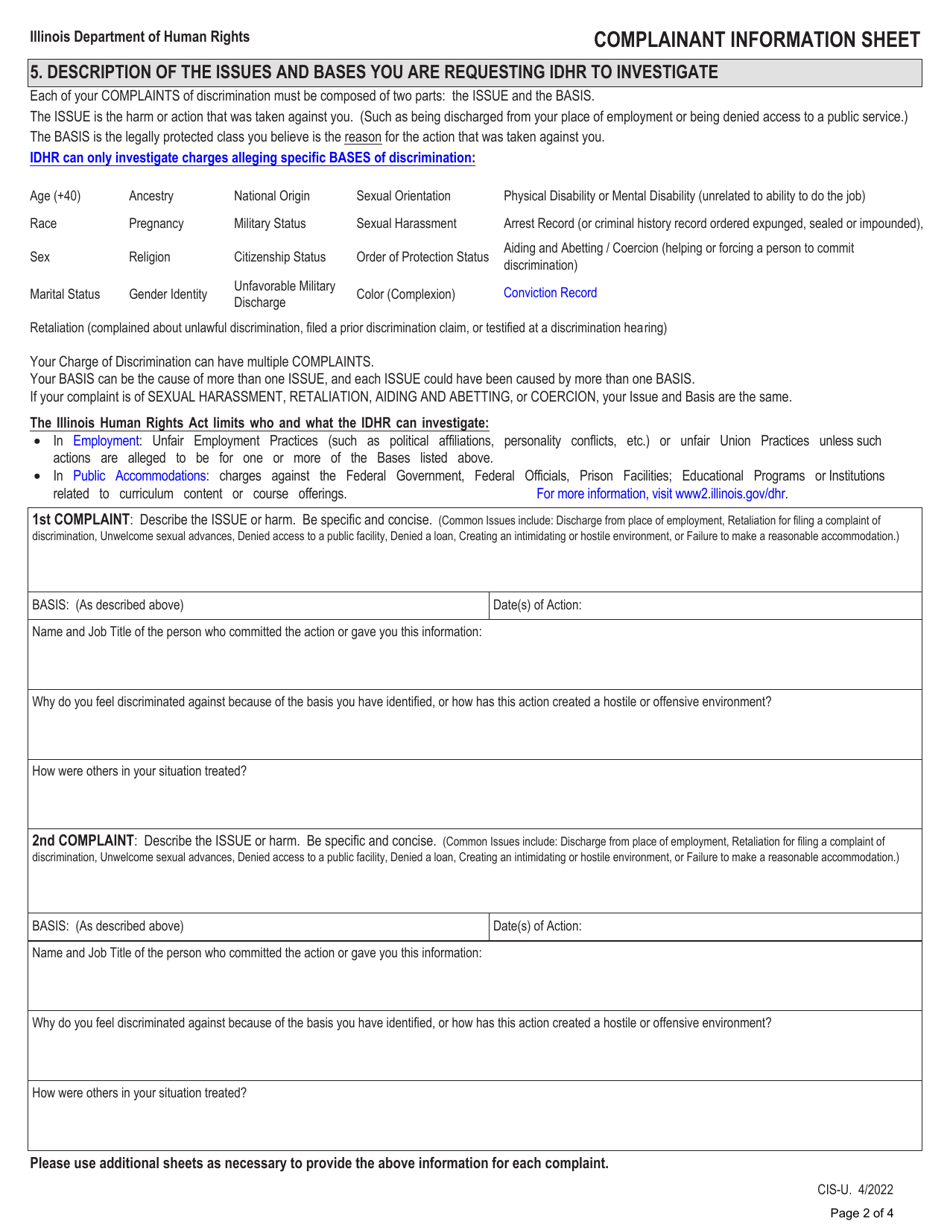 Form CIS-U Download Fillable PDF or Fill Online Complainant Information ...