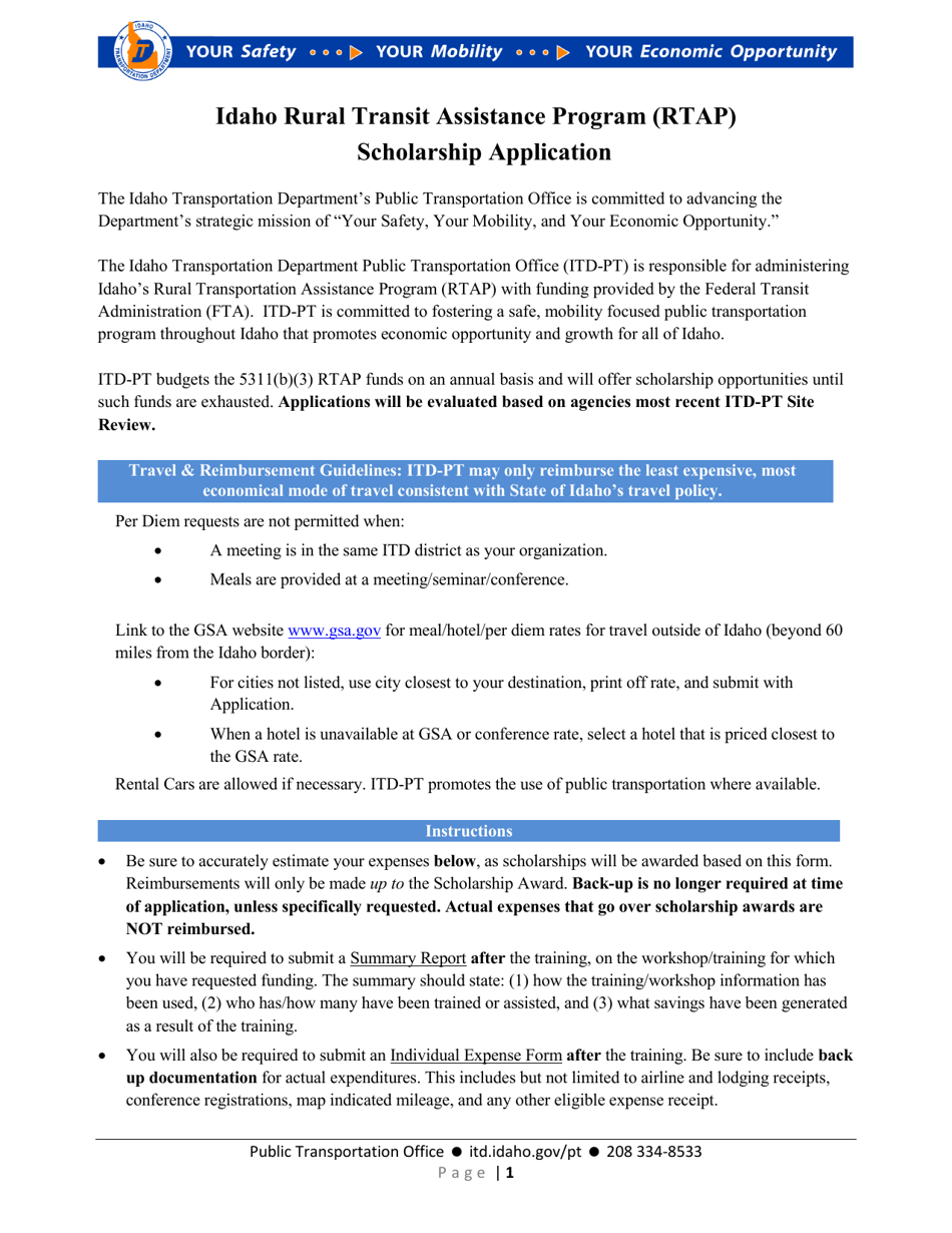 Scholarship Application - Idaho Rural Transit Assistance Program (Rtap) - Idaho, Page 1