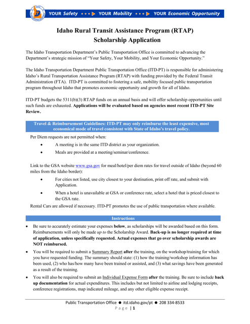 Scholarship Application - Idaho Rural Transit Assistance Program (Rtap) - Idaho, 2022