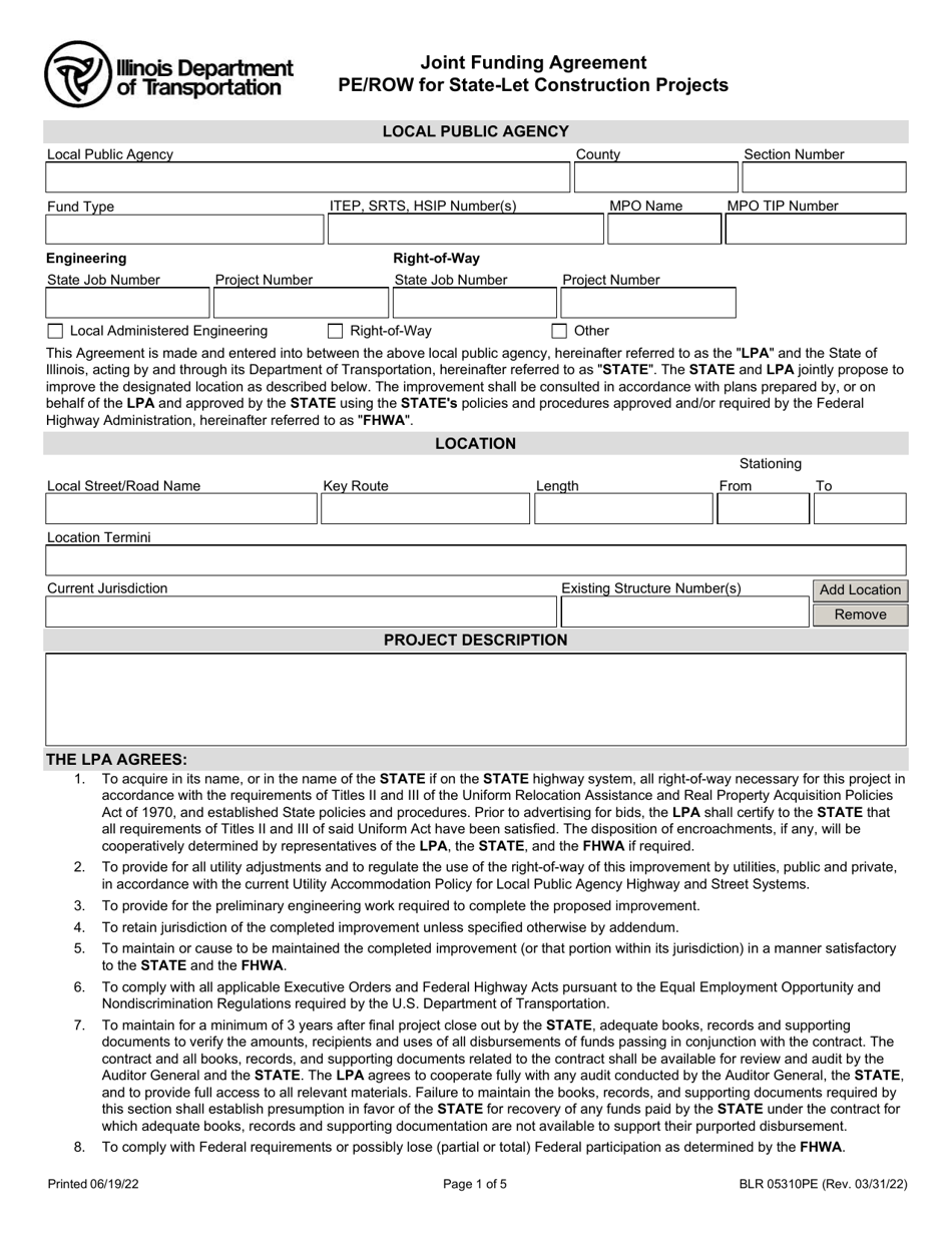 Form BLR05310PE Joint Funding Agreement Pe / Row for State-Let Construction Projects - Illinois, Page 1