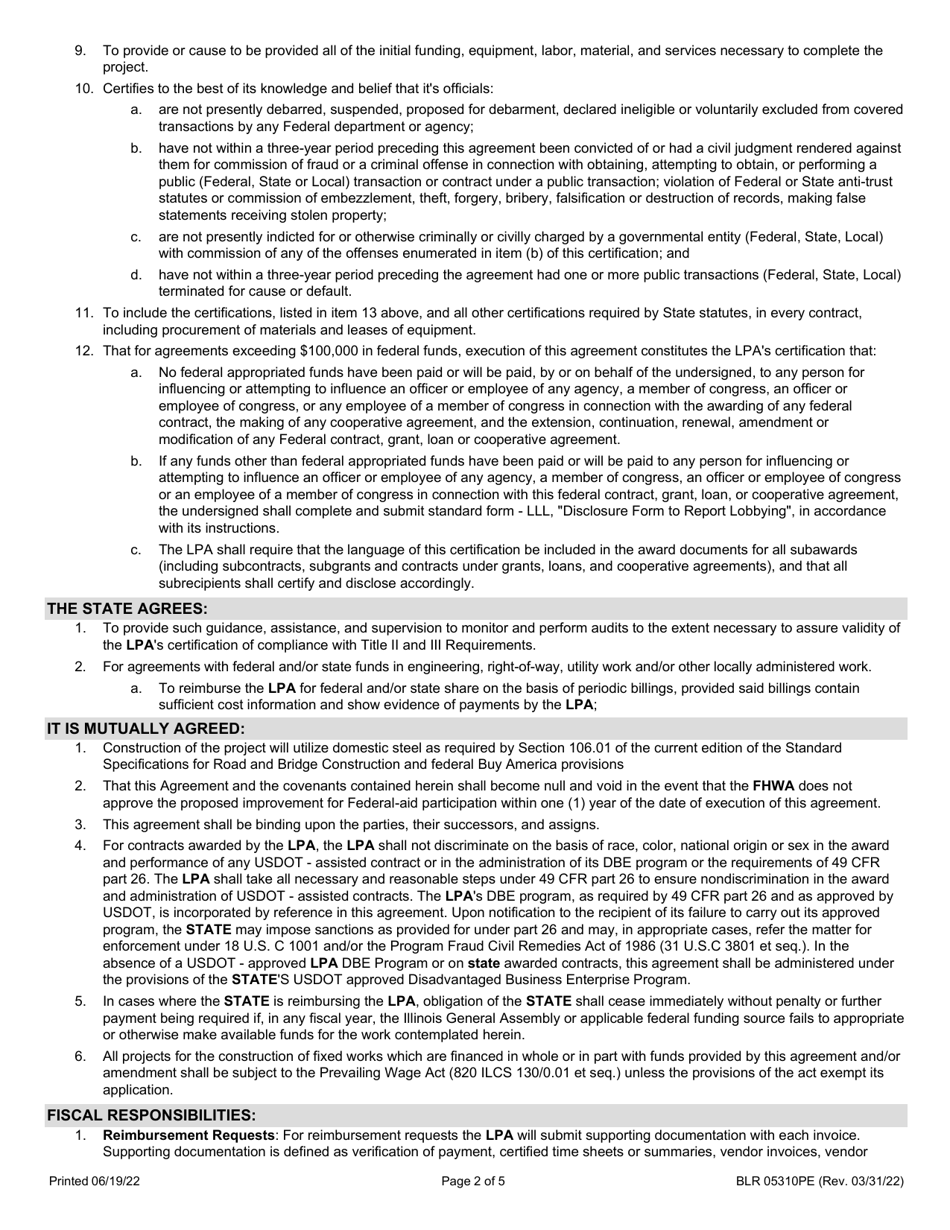 Form BLR05310PE Joint Funding Agreement Pe / Row for State-Let Construction Projects - Illinois, Page 2