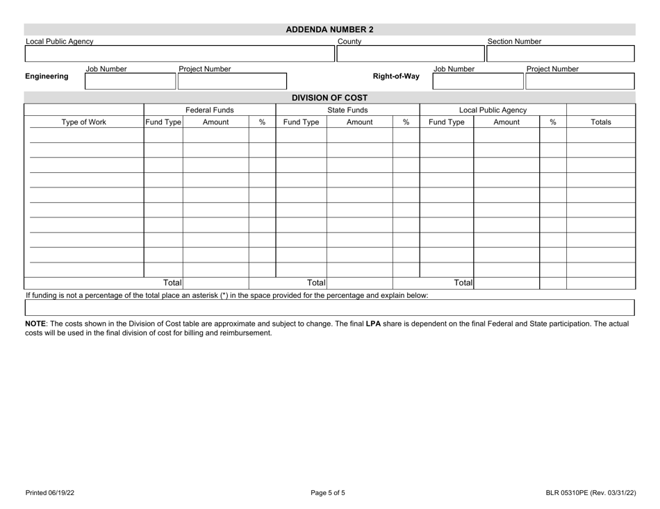 Form BLR05310PE Joint Funding Agreement Pe / Row for State-Let Construction Projects - Illinois, Page 5