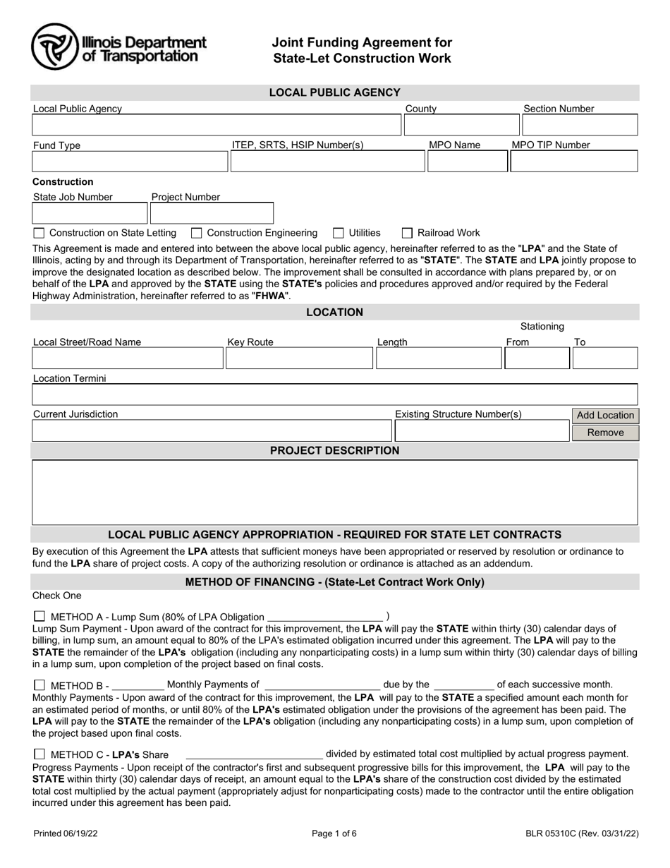 Form BLR05310C Joint Funding Agreement for State-Let Construction Work - Illinois, Page 1