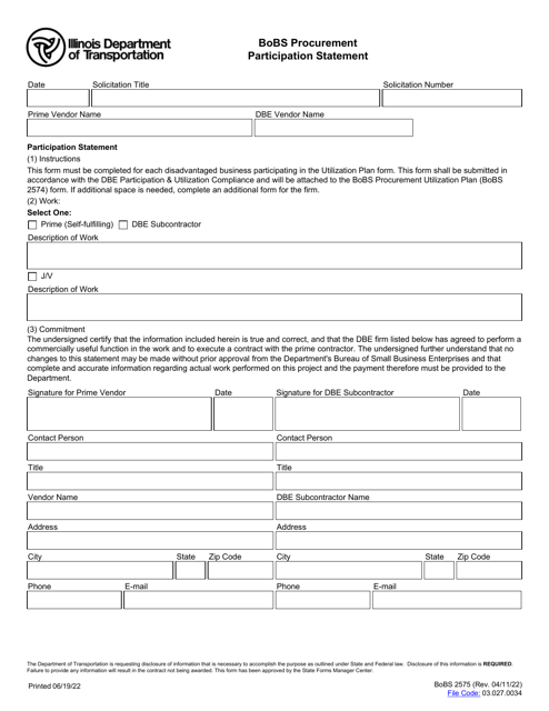Form BoBS2575  Printable Pdf