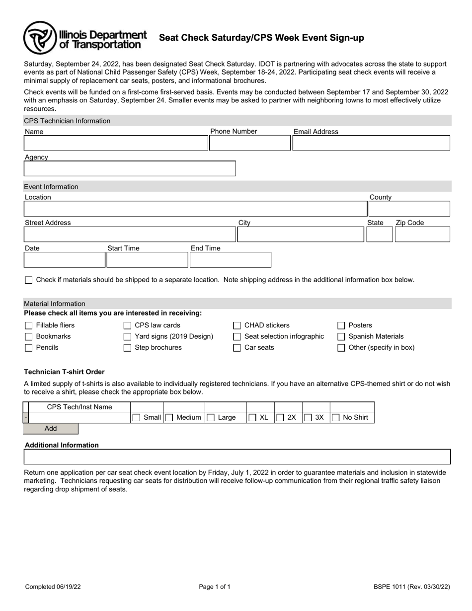 Form BSPE1011 Seat Check Saturday / Cps Week Event Sign-Up - Illinois, Page 1