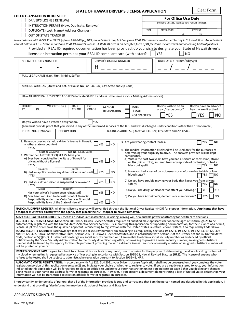 State of Hawaii Drivers License Application - Hawaii, Page 1