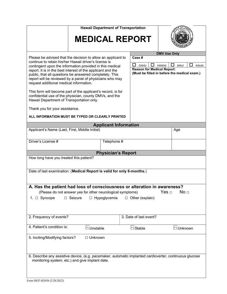 Form DOT-H2058 Download Fillable PDF or Fill Online Medical Report ...