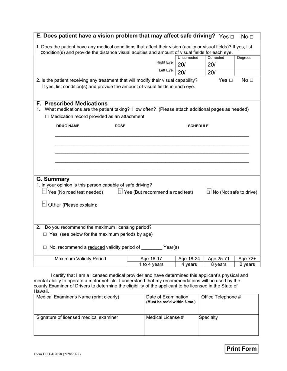 Form DOT-H2058 Medical Report - Hawaii, Page 4