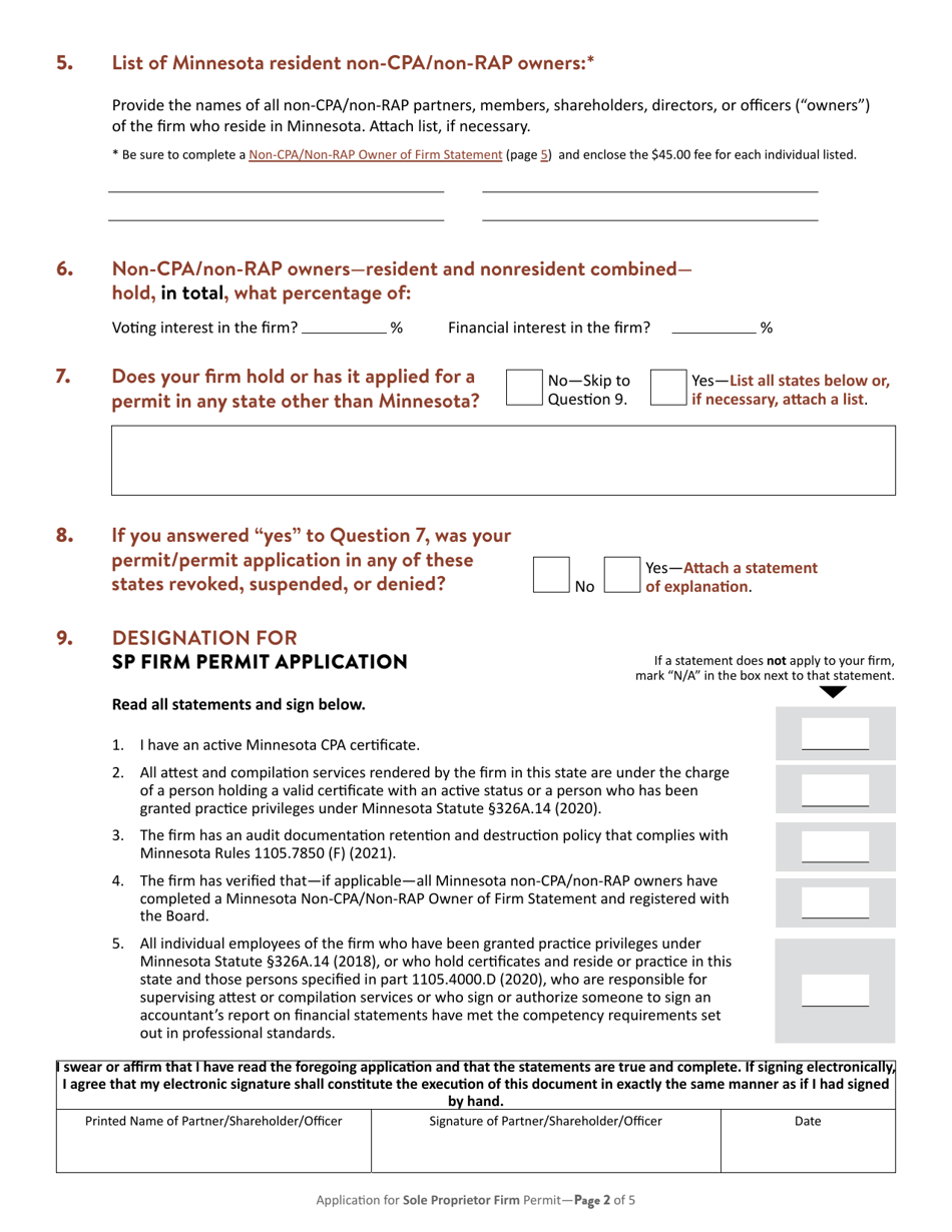 Application for Minnesota Sole Proprietor Firm Permit - Minnesota, Page 3