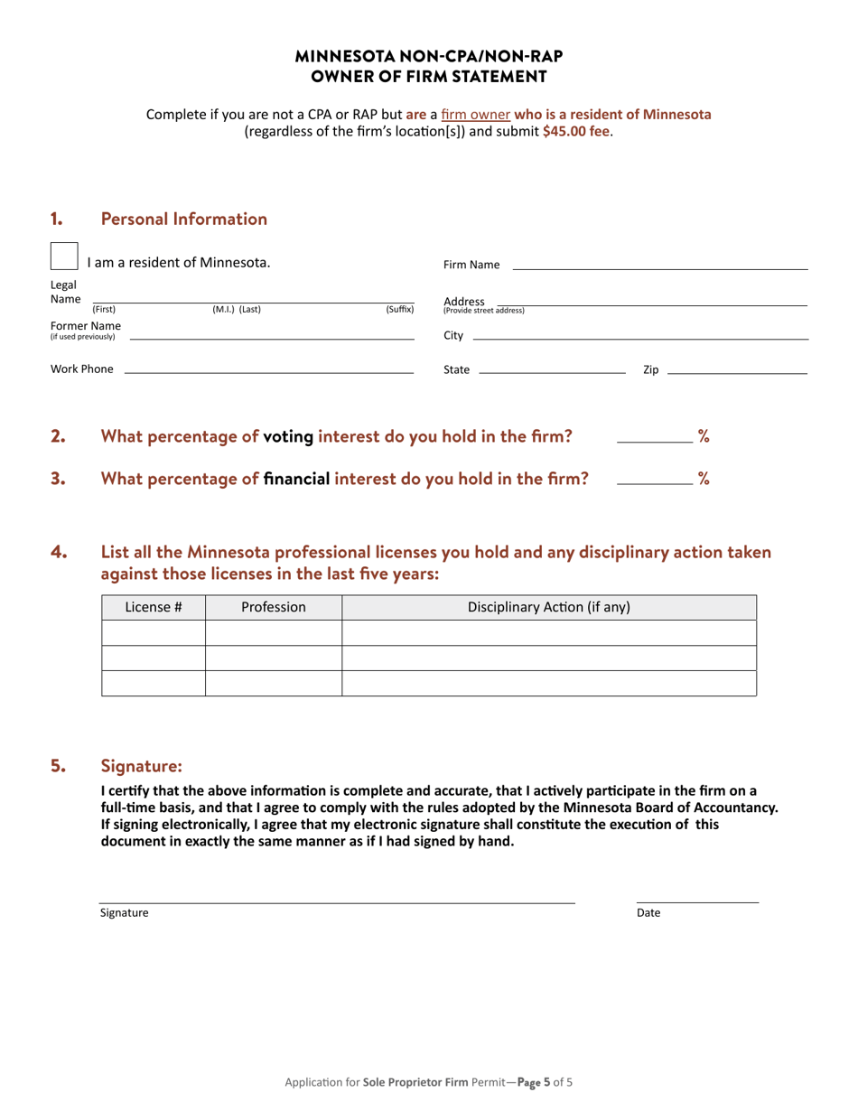 Application for Minnesota Sole Proprietor Firm Permit - Minnesota, Page 6