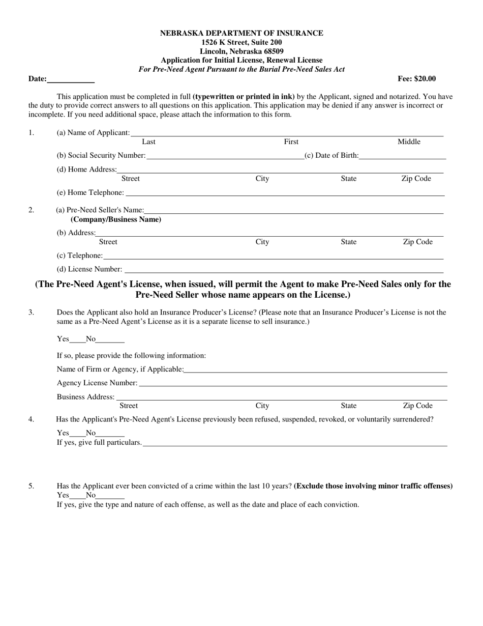 Application for Initial License, Renewal License for Pre-need Agent Pursuant to the Burial Pre-need Sales Act - Nebraska, Page 1