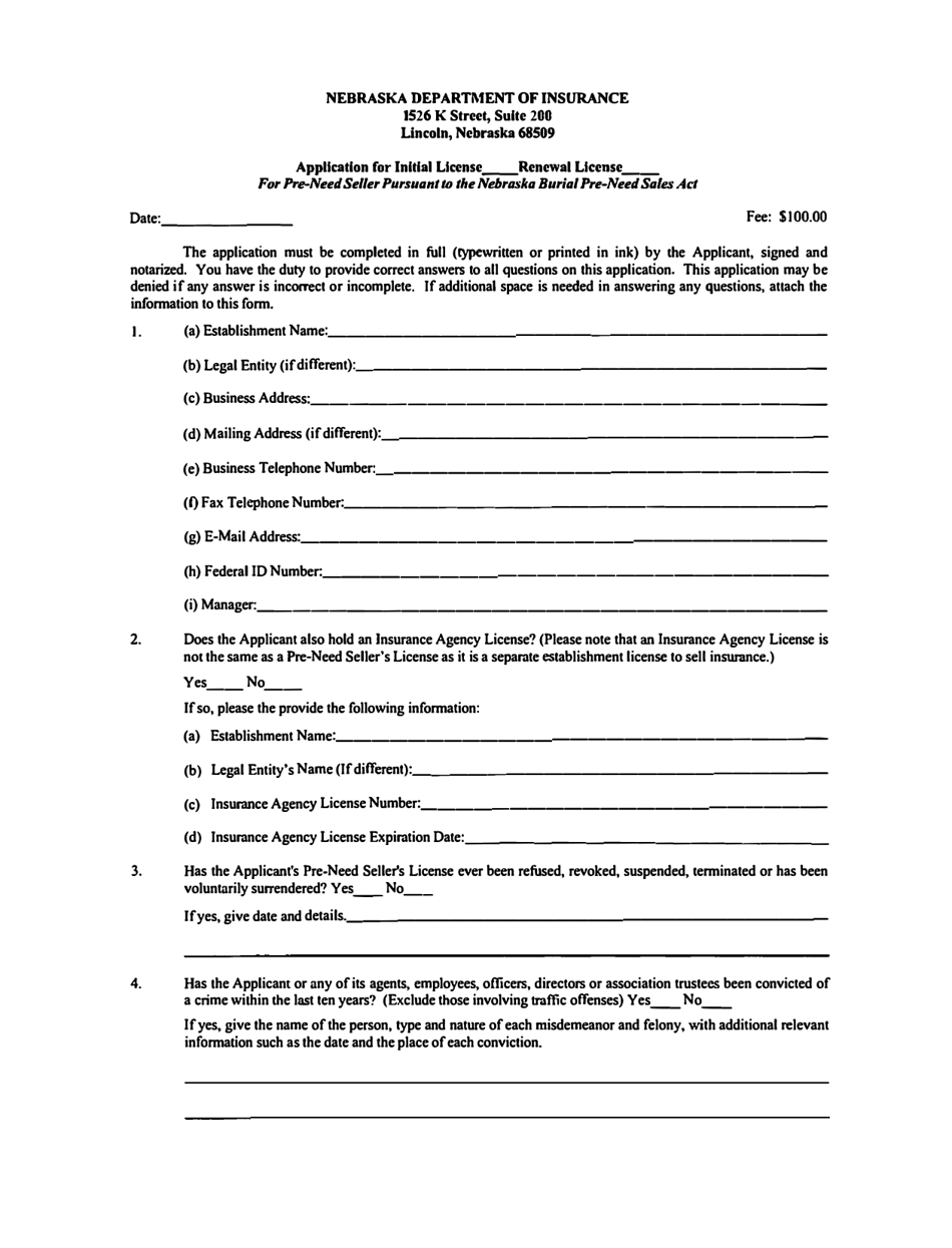 Application for Initial/Renewal License for Pre-need Seller Pursuant to the Nebraska Burial Pre-need Sales Act - Nebraska, Page 1