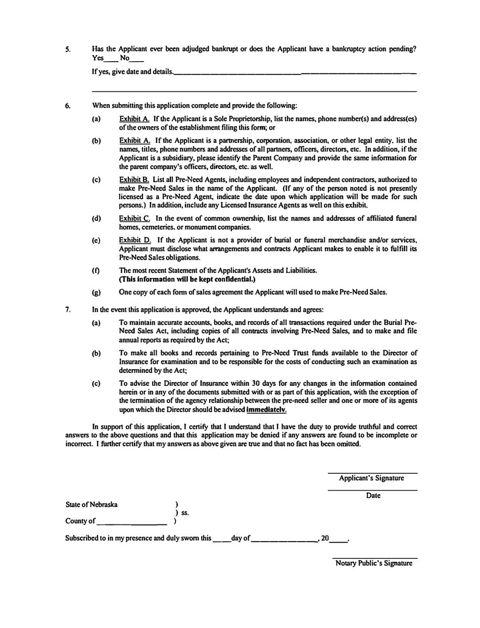 Application for Initial / Renewal License for Pre-need Seller Pursuant to the Nebraska Burial Pre-need Sales Act - Nebraska, Page 2