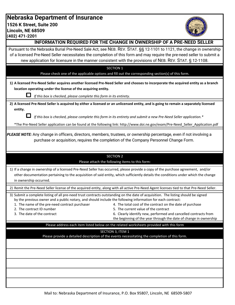 Information Required for the Change in Ownership of a Pre-need Seller - Nebraska, Page 1