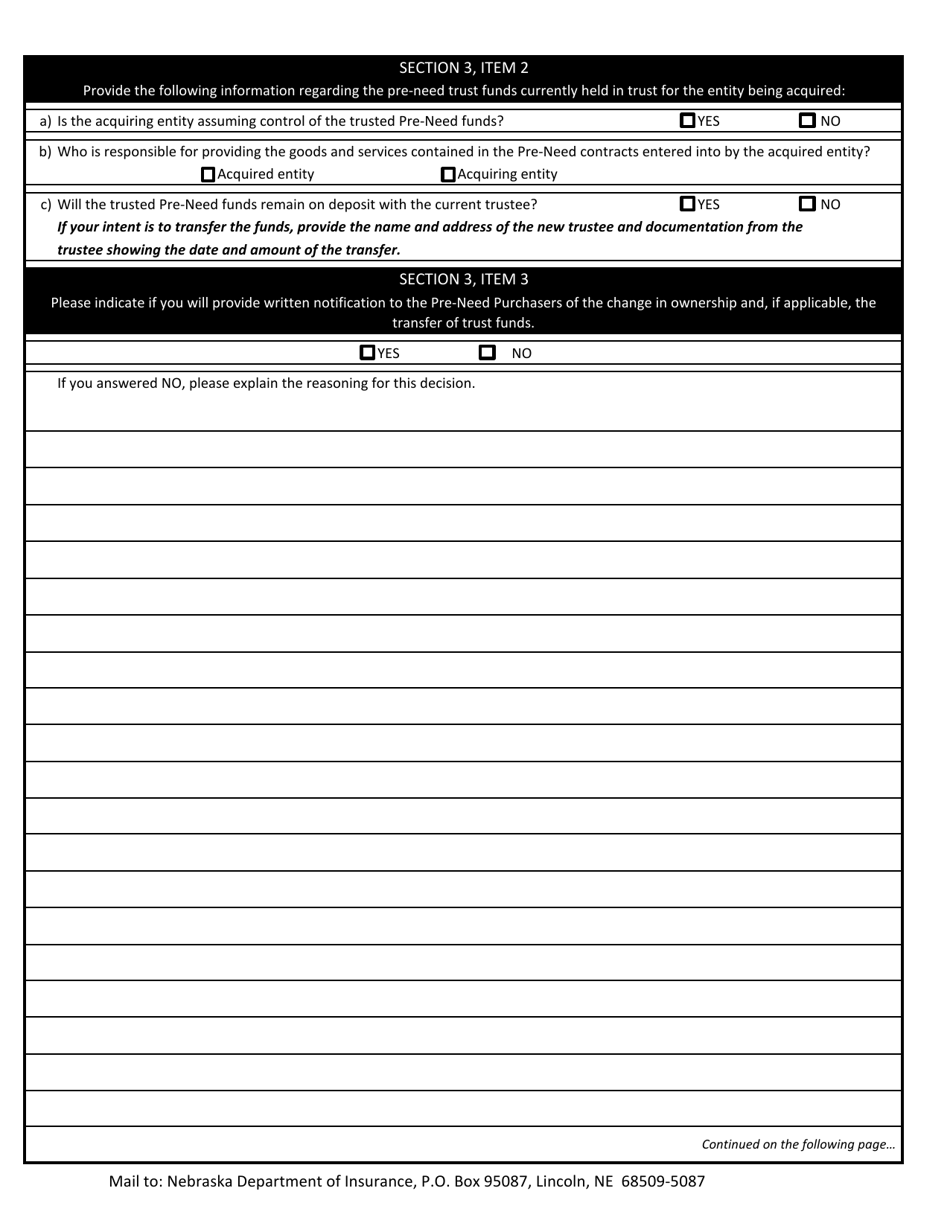 Information Required for the Change in Ownership of a Pre-need Seller - Nebraska, Page 2
